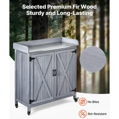 VEVOR Potting Bench Table, Outdoor Gardening Wooden Storage Cabinet with 36 x 16 in Galvanized Iron Tabletop, Garden Planting Workstation with Large Storage Space, 4 Casters for Patio, Backyard, Gray
