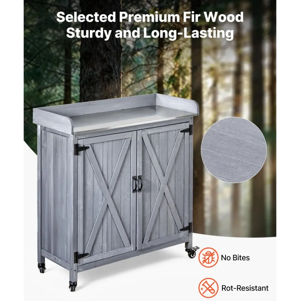 VEVOR Potting Bench Table, Outdoor Gardening Wooden Storage Cabinet with 36 x 16 in Galvanized Iron Tabletop, Garden Planting Workstation with Large Storage Space, 4 Casters for Patio, Backyard, Gray