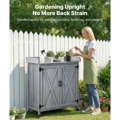 VEVOR Potting Bench Table, Outdoor Gardening Wooden Storage Cabinet with 36 x 16 in Galvanized Iron Tabletop, Garden Planting Workstation with Large Storage Space, 4 Casters for Patio, Backyard, Gray