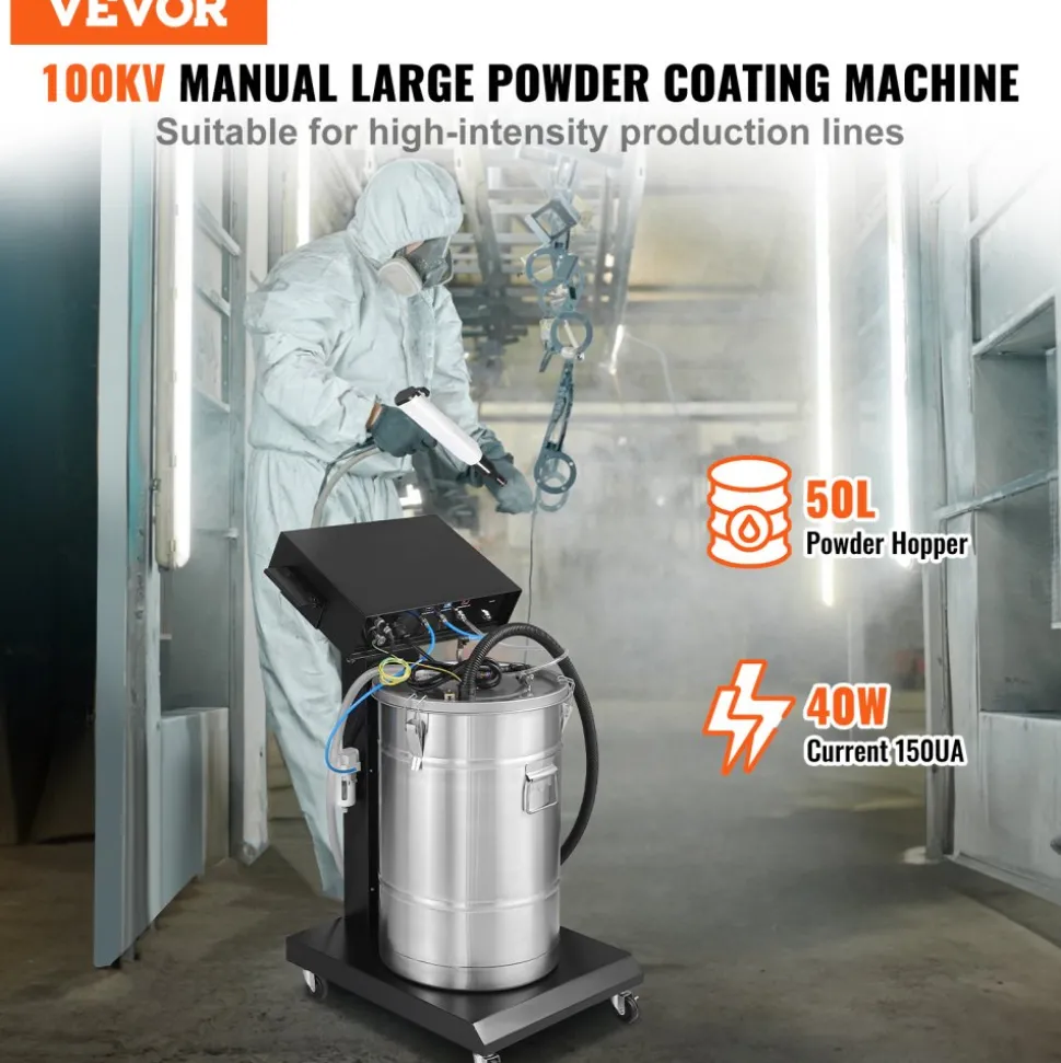 VEVOR Powder Coating System, 40 W 100KV Electrostatic Output Powder Coating Kit with 50L Powder Hopper, 450g Per Minute Powder Coating Machine with Spray Gun and Trolley Base, for Indoor and Outdoor