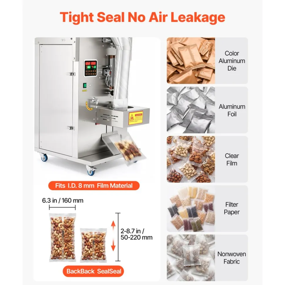 VEVOR Powder Filling and Sealing Machine, 10-500g(0.02-1.1lbs) Automatic Particle Granule Packaging Machine, Stainless Steel, Weighing Filling Sealing, for Coffee Beans, Grains, Tea, Spices, Silver