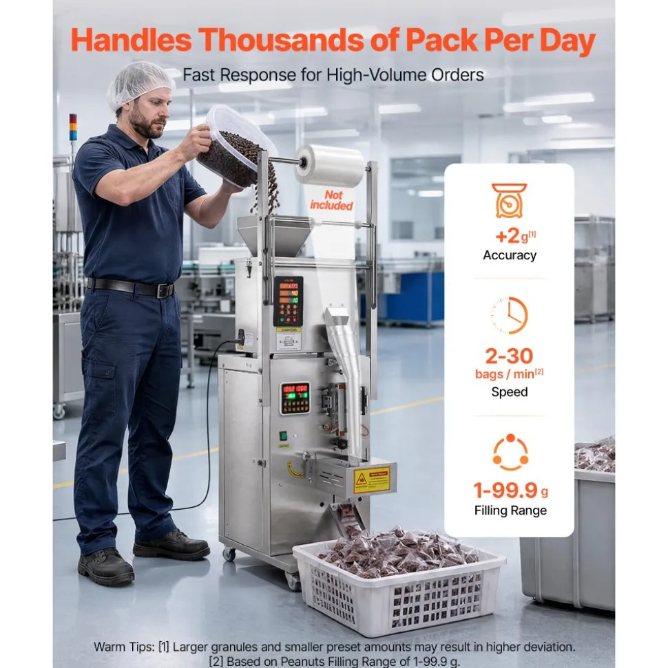 VEVOR Powder Filling and Sealing Machine, 3-200g(0.01-0.44lbs) Automatic Particle Granule Packaging Machine, Stainless Steel, Weighing Filling Sealing, for Coffee Beans, Grains, Tea, Spices, Silver