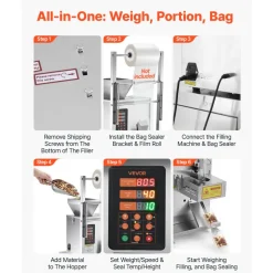 VEVOR Powder Filling and Sealing Machine, 3-200g(0.01-0.44lbs) Automatic Particle Granule Packaging Machine, Stainless Steel, Weighing Filling Sealing, for Coffee Beans, Grains, Tea, Spices, Silver