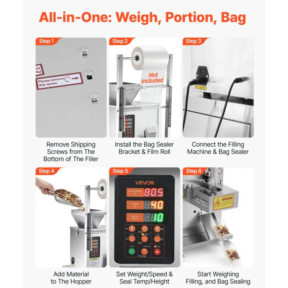 VEVOR Powder Filling and Sealing Machine, 3-200g(0.01-0.44lbs) Automatic Particle Granule Packaging Machine, Stainless Steel, Weighing Filling Sealing, for Coffee Beans, Grains, Tea, Spices, Silver