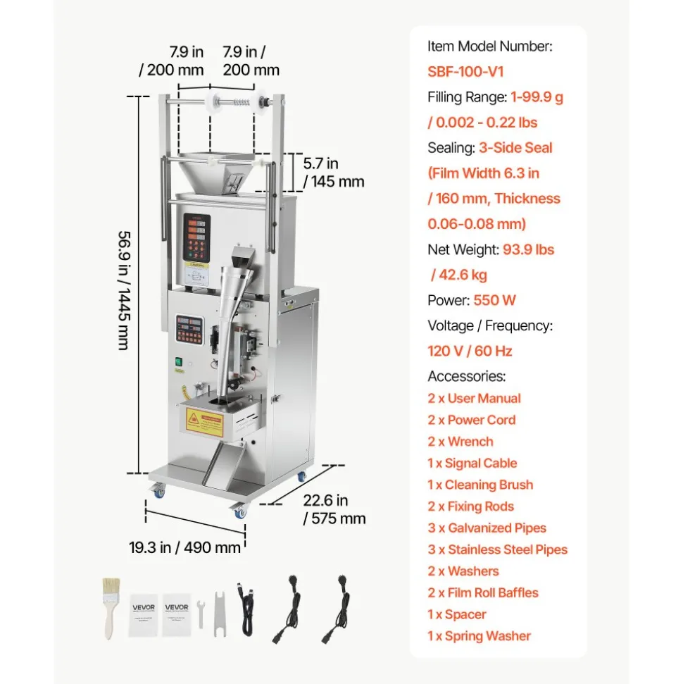 VEVOR Powder Filling and Sealing Machine, 3-200g(0.01-0.44lbs) Automatic Particle Granule Packaging Machine, Stainless Steel, Weighing Filling Sealing, for Coffee Beans, Grains, Tea, Spices, Silver