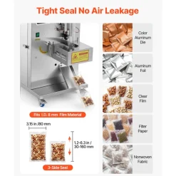 VEVOR Powder Filling and Sealing Machine, 3-200g(0.01-0.44lbs) Automatic Particle Granule Packaging Machine, Stainless Steel, Weighing Filling Sealing, for Coffee Beans, Grains, Tea, Spices, Silver