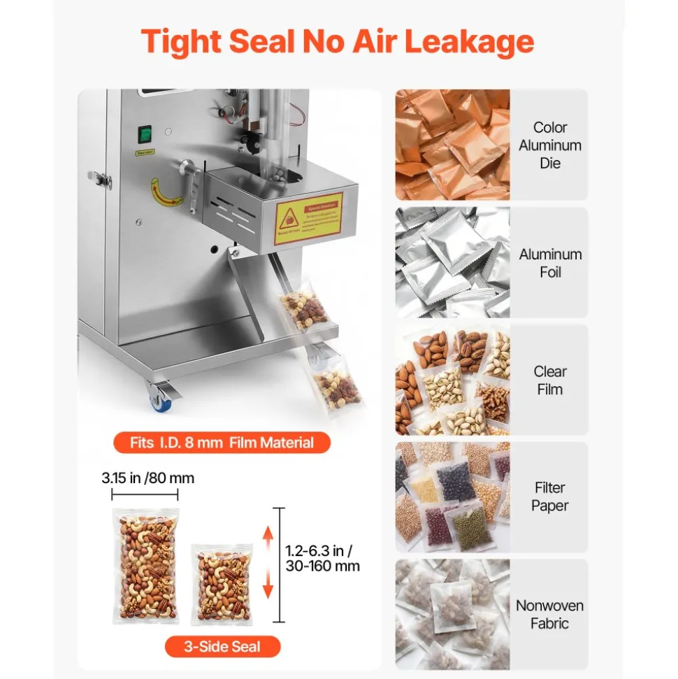 VEVOR Powder Filling and Sealing Machine, 3-200g(0.01-0.44lbs) Automatic Particle Granule Packaging Machine, Stainless Steel, Weighing Filling Sealing, for Coffee Beans, Grains, Tea, Spices, Silver