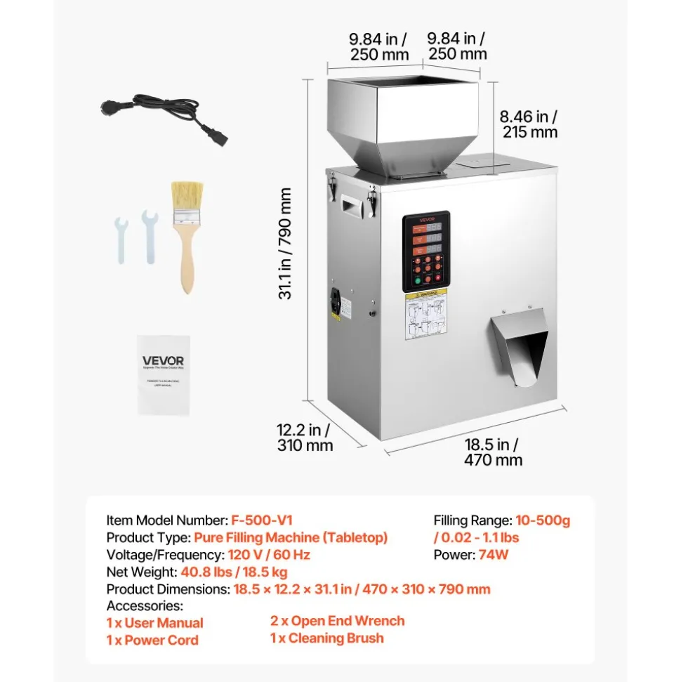 VEVOR Powder Filling Machine, 10-500g (0.02-1.1lbs) Automatic Particle Dispenser, High Accuracy, Stainless Steel, Intelligent Weighing Dispensing Filler for Coffee Beans, Grains, Tea, Spices, Silver