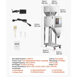 VEVOR Powder Filling Machine, 10-999g (0.02-2.2lbs) Automatic Particle Dispenser, Stainless Steel, Intelligent Weighing Dispensing Filler with Foot Pedal, for Coffee Beans, Grains, Tea, Spices, Silver