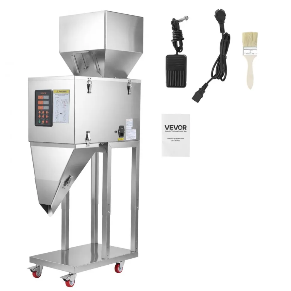 VEVOR Powder Filling Machine, 10-999g (0.02-2.2lbs) Automatic Particle Dispenser, Stainless Steel, Intelligent Weighing Dispensing Filler with Foot Pedal, for Coffee Beans, Grains, Tea, Spices, Silver