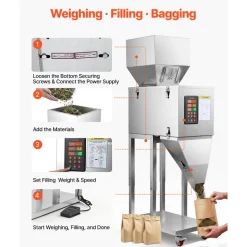 VEVOR Powder Filling Machine, 10-999g (0.02-2.2lbs) Automatic Particle Dispenser, Stainless Steel, Intelligent Weighing Dispensing Filler with Foot Pedal, for Coffee Beans, Grains, Tea, Spices, Silver