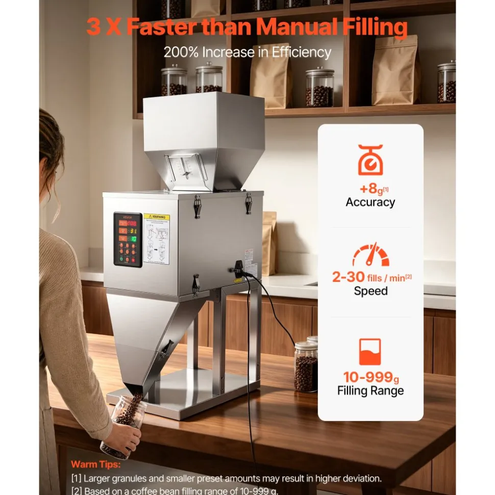 VEVOR Powder Filling Machine, 10-999g (0.02-2.2lbs) Automatic Particle Dispenser, Stainless Steel, Intelligent Weighing Dispensing Filler with Foot Pedal, for Coffee Beans, Grains, Tea, Spices, Silver
