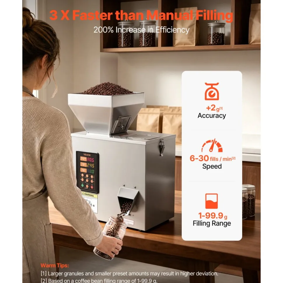 VEVOR Powder Filling Machine, 1-99.9g (0.002-0.22lbs) Automatic Particle Dispenser, High Accuracy, Stainless Steel, Intelligent Weighing Dispensing Filler for Coffee Beans, Grains, Tea, Spices, Silver