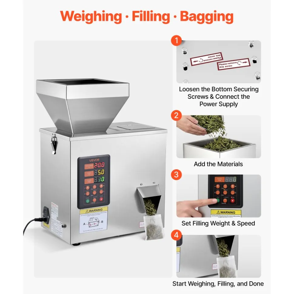 VEVOR Powder Filling Machine, 1-99.9g (0.002-0.22lbs) Automatic Particle Dispenser, High Accuracy, Stainless Steel, Intelligent Weighing Dispensing Filler for Coffee Beans, Grains, Tea, Spices, Silver