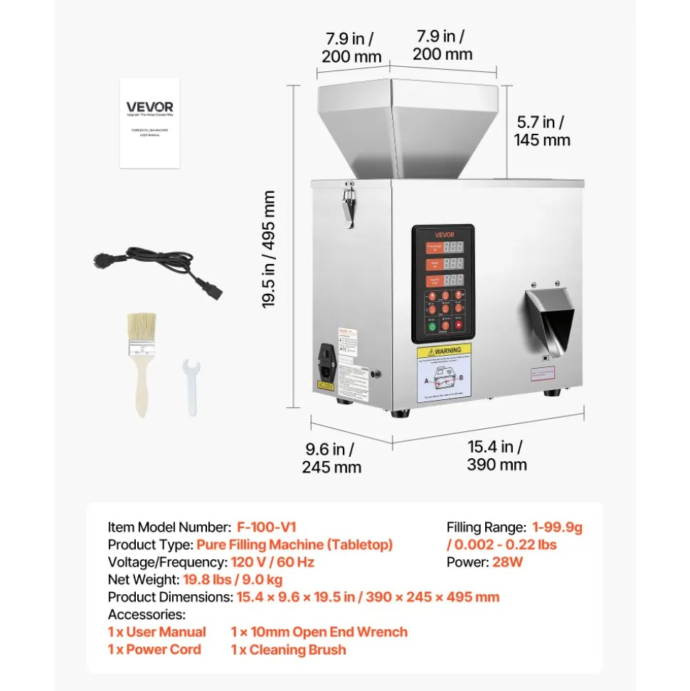 VEVOR Powder Filling Machine, 1-99.9g (0.002-0.22lbs) Automatic Particle Dispenser, High Accuracy, Stainless Steel, Intelligent Weighing Dispensing Filler for Coffee Beans, Grains, Tea, Spices, Silver