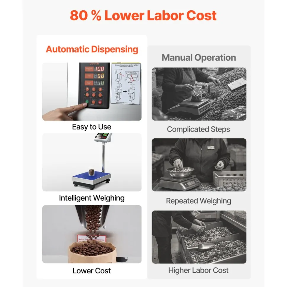 VEVOR Powder Filling Machine, 3-200g (0.01-0.44 lbs) Automatic Particle Dispenser, High Accuracy, Stainless Steel, Intelligent Weighing Dispensing Filler for Coffee Beans, Grains, Tea, Spices, Silver