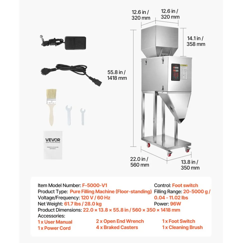 VEVOR Powder Filling Machine, 20-5000g (0.04-11.02lbs) Automatic Particle Dispenser, Stainless Steel, Smart Weighing Dispensing Filler w/ Foot Pedal, for Coffee Beans, Grains, Tea, Spices, Silver