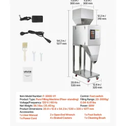 VEVOR Powder Filling Machine, 20-3000g (0.04 - 6.61lbs) Automatic Particle Dispenser, Stainless Steel, Smart Weighing Dispensing Filler w/ Foot Pedal, for Coffee Beans, Grains, Tea, Spices, Silver