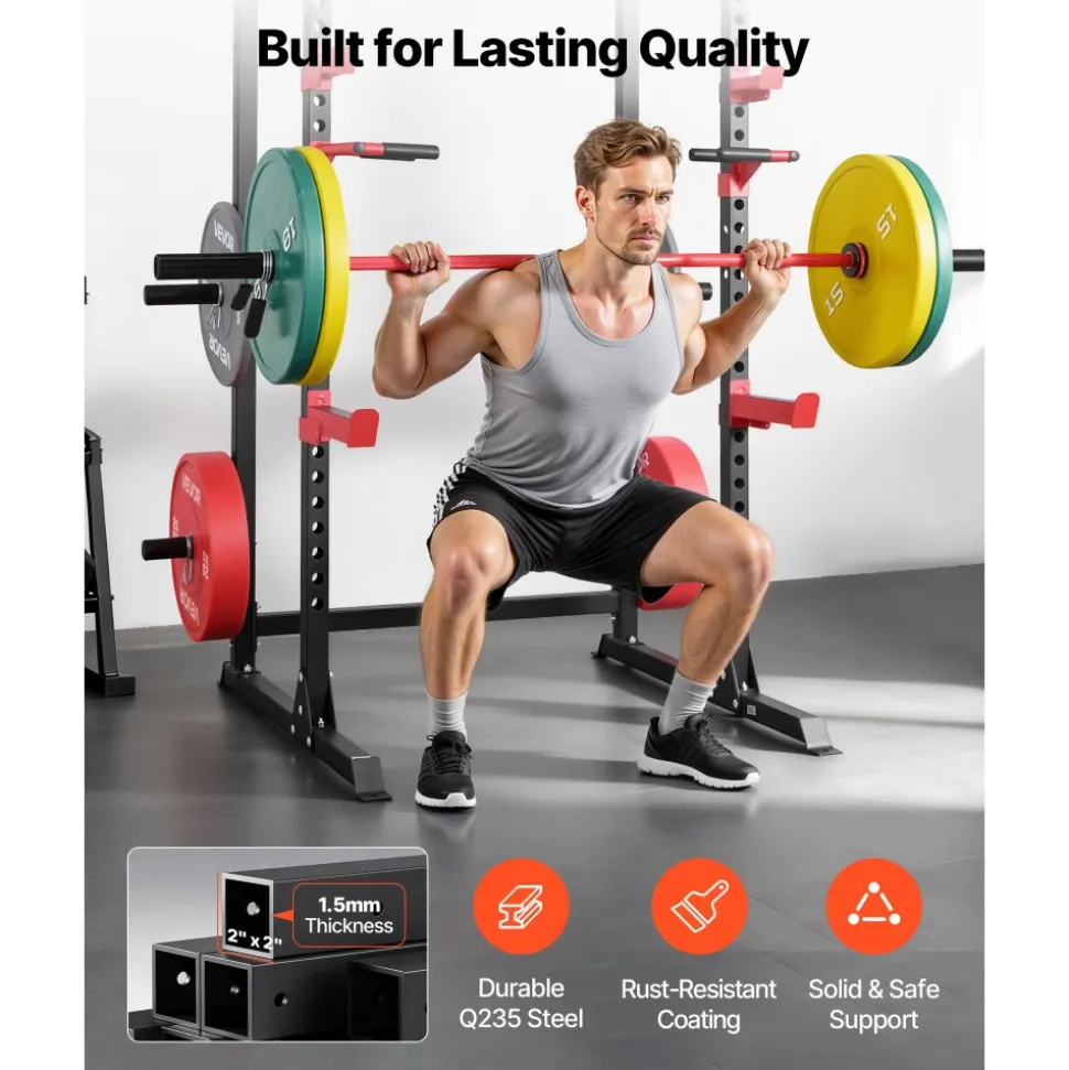VEVOR Power Cage Power Rack, Multifunctional Barbell Squat Rack with Adjustable Height, Home Gym Strength Training Workout Equipment with J-Hooks & More Fitness Attachment for Bench Press Pull-Up Dips