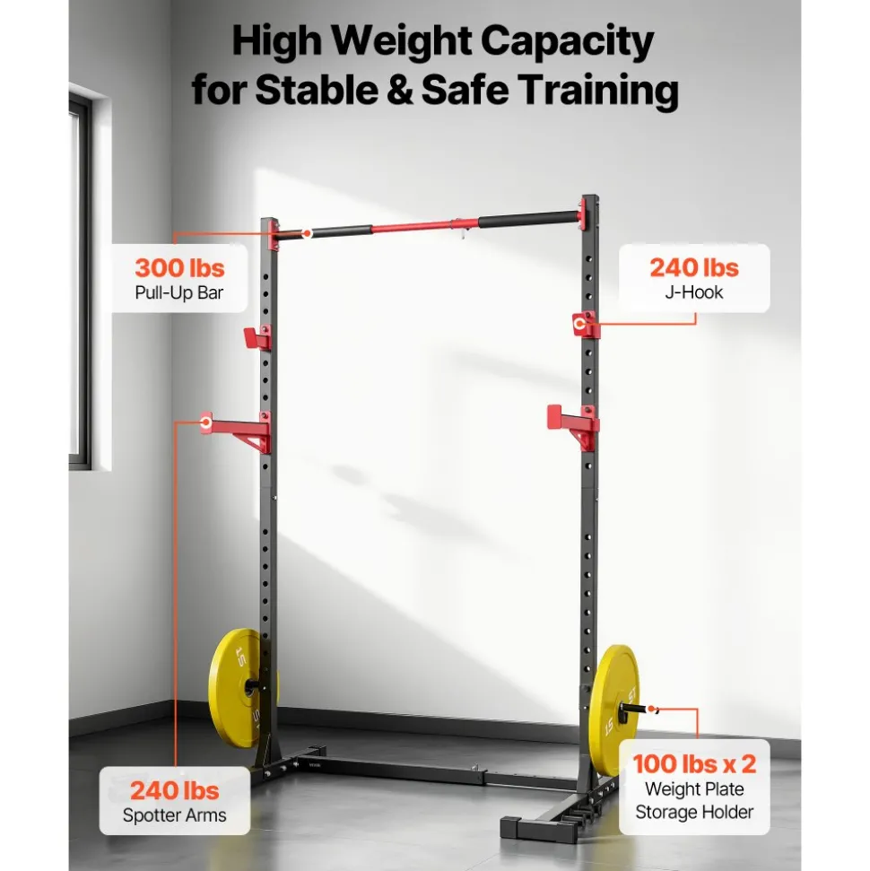 VEVOR Power Cage Rack, Multifunctional Squat Rack for Home Gym, Width-Adjustable Workout Strength Training Equipment with 6 Band Pegs, Landmine Attachment & Safety Bars for Bench Press Squats Pull-Up