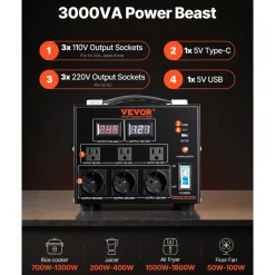 VEVOR Power Converter, 3000W, Durable Step Up/Down Unit, Switches between 110V and 220V, Includes US and EU Outlets plus 5V USB, CE Approved