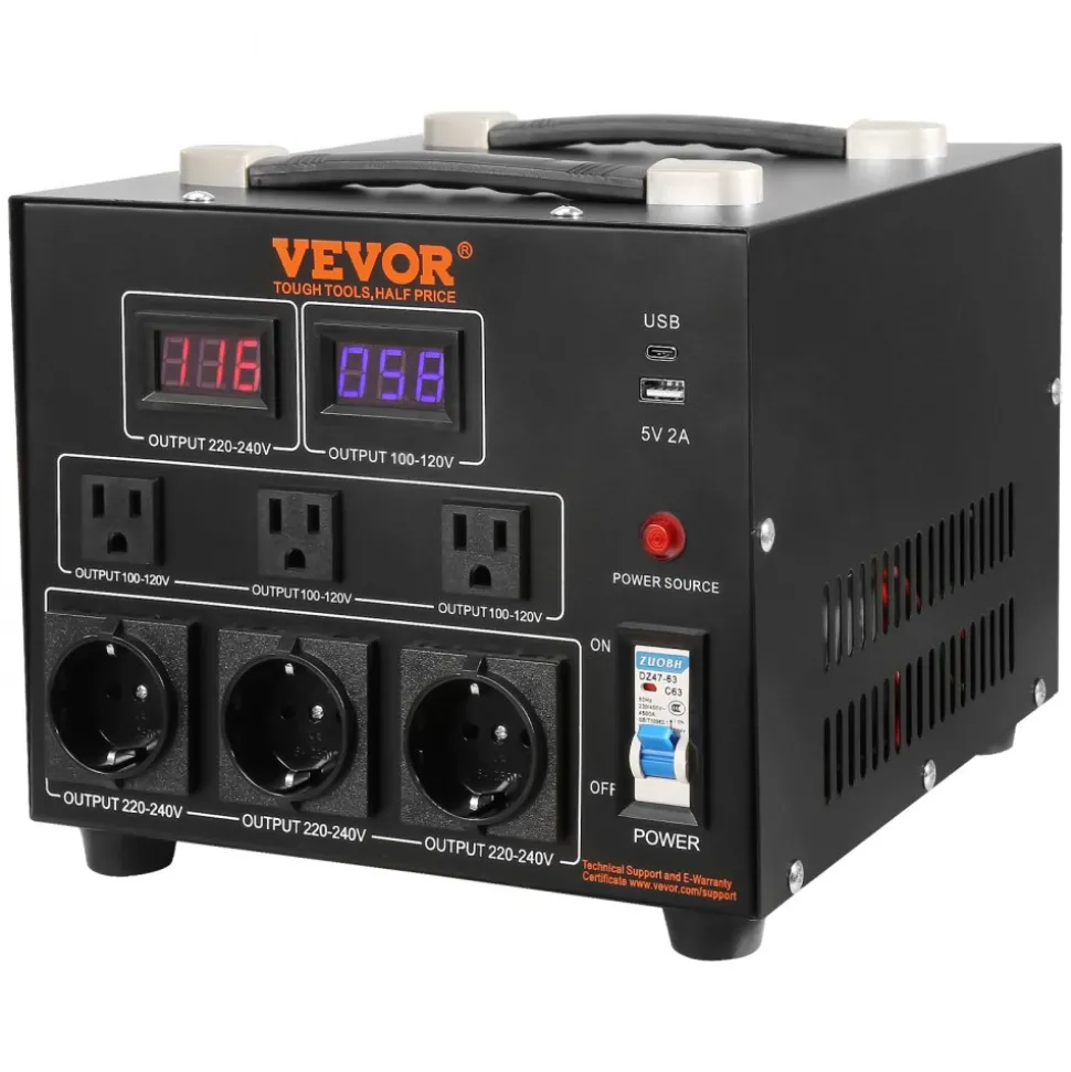 VEVOR Power Converter, 3000W, Durable Step Up/Down Unit, Switches between 110V and 220V, Includes US and EU Outlets plus 5V USB, CE Approved