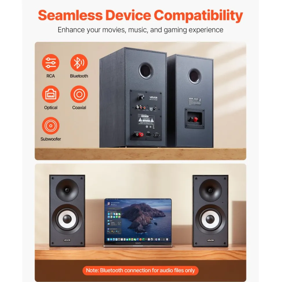 VEVOR Powered Bookshelf Speakers, 25W x 2, Active Studio Monitor Speaker with 5.5 Inch Woofer, Bluetooth/RCA/Coaxial/Optical/USB/Subwoofer Connection, Wooden Enclosure, for Record Player Turntable PC