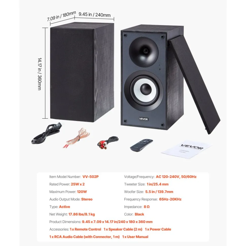 VEVOR Powered Bookshelf Speakers, 25W x 2, Active Studio Monitor Speaker with 5.5 Inch Woofer, Bluetooth/RCA/Coaxial/Optical/USB/Subwoofer Connection, Wooden Enclosure, for Record Player Turntable PC