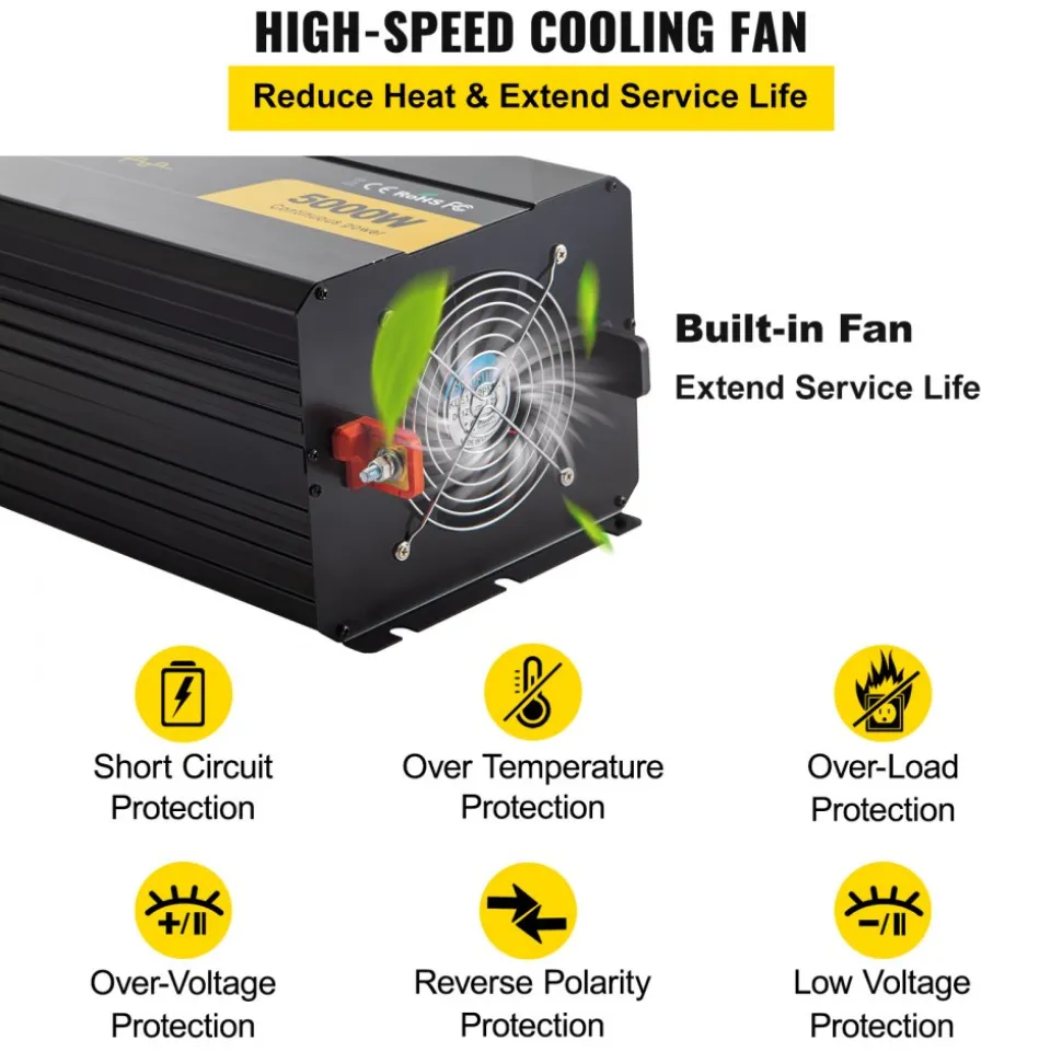 VEVOR Power Inverter, 5000W Modified Sine Wave Inverter, DC 12V to AC 120V Car Converter, with LCD Remote Controller, LED Indicator, AC Outlets Inverter for Truck RV Car Boat Travel Camping Emergency
