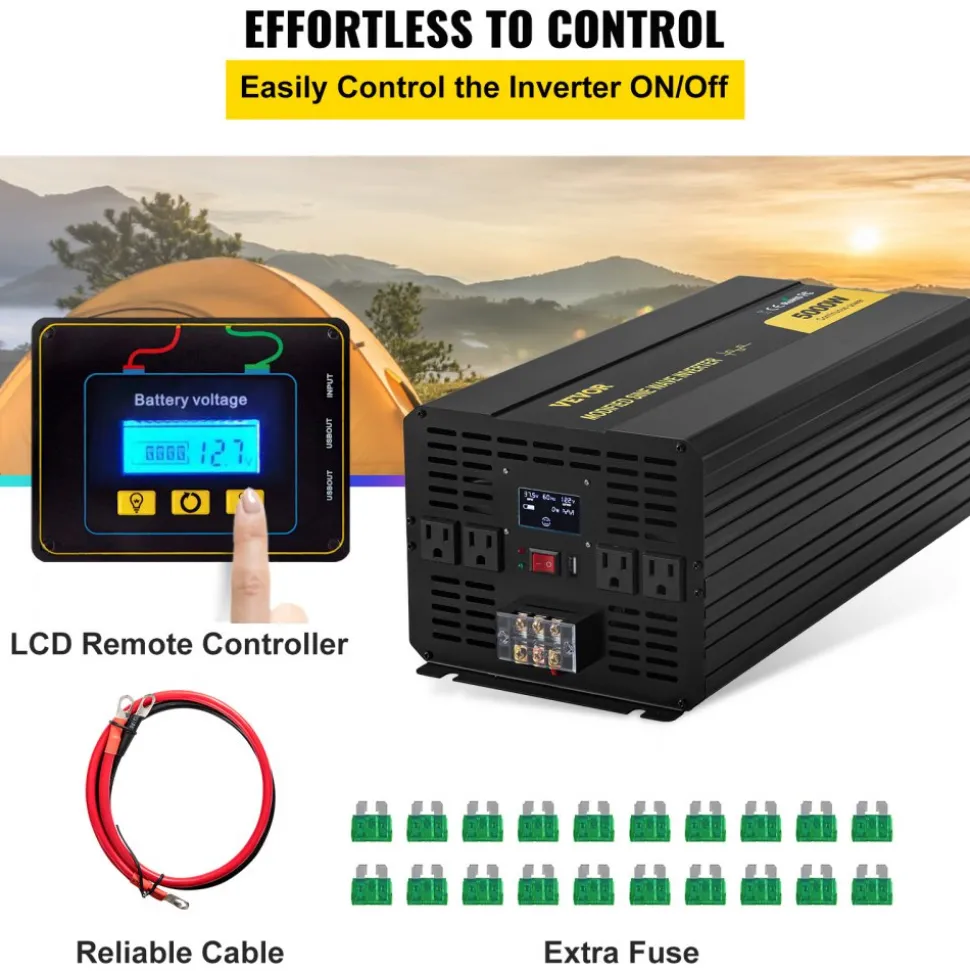 VEVOR Power Inverter, 5000W Modified Sine Wave Inverter, DC 12V to AC 120V Car Converter, with LCD Remote Controller, LED Indicator, AC Outlets Inverter for Truck RV Car Boat Travel Camping Emergency