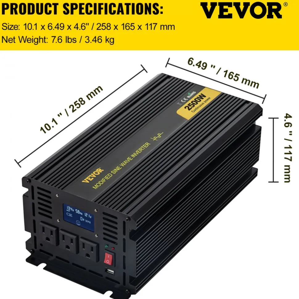 VEVOR Power Inverter, 2500W Modified Sine Wave Inverter, DC 12V to AC 120V Car Converter, with LCD Display, Remote Controller, LED Indicator, AC Outlets Inverter for Truck RV Car Boat Travel Camping