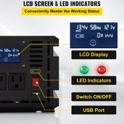 VEVOR Power Inverter, 2500W Modified Sine Wave Inverter, DC 12V to AC 120V Car Converter, with LCD Display, Remote Controller, LED Indicator, AC Outlets Inverter for Truck RV Car Boat Travel Camping