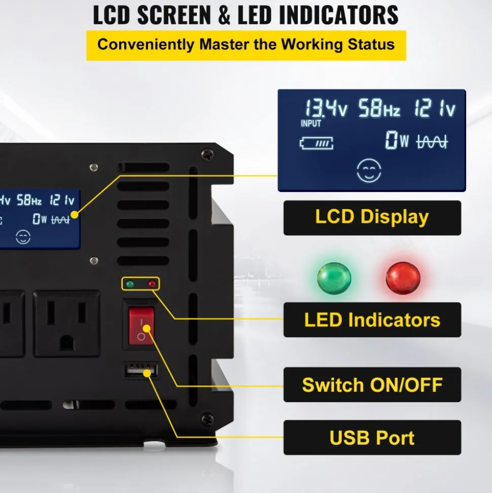VEVOR Power Inverter, 2500W Modified Sine Wave Inverter, DC 12V to AC 120V Car Converter, with LCD Display, Remote Controller, LED Indicator, AC Outlets Inverter for Truck RV Car Boat Travel Camping