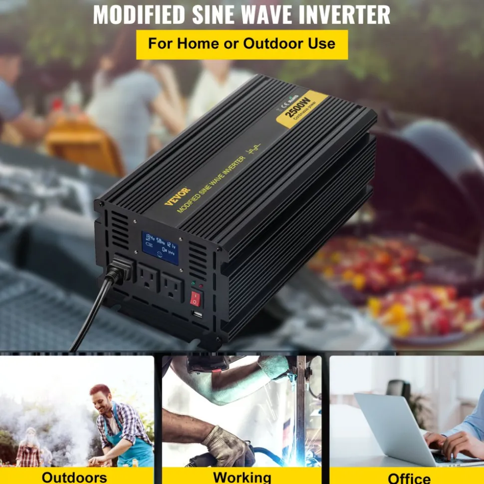 VEVOR Power Inverter, 2500W Modified Sine Wave Inverter, DC 12V to AC 120V Car Converter, with LCD Display, Remote Controller, LED Indicator, AC Outlets Inverter for Truck RV Car Boat Travel Camping