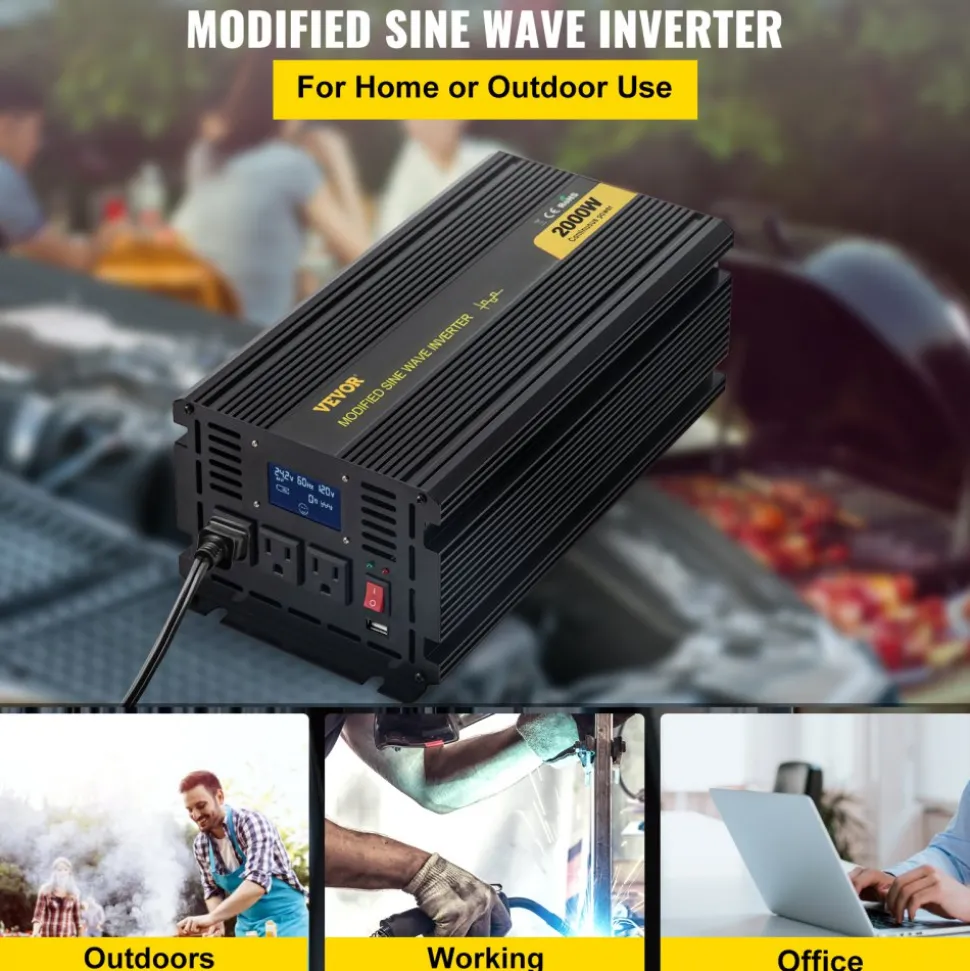 VEVOR Power Inverter, 2000W Modified Sine Wave Inverter, DC 12V to AC 120V Car Converter, with LCD Display, Remote Controller, LED Indicator, AC Outlets Inverter for Truck RV Car Boat Travel Camping