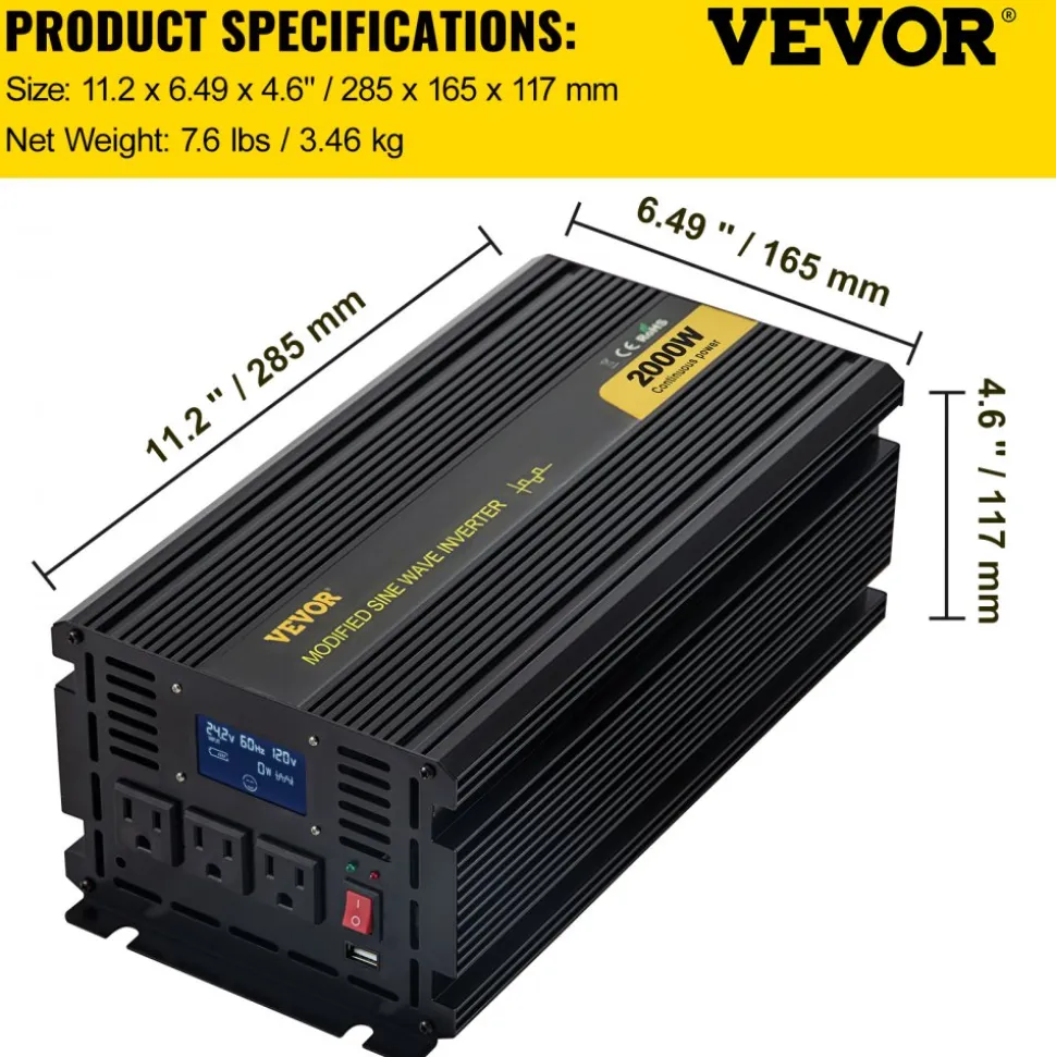 VEVOR Power Inverter, 2000W Modified Sine Wave Inverter, DC 12V to AC 120V Car Converter, with LCD Display, Remote Controller, LED Indicator, AC Outlets Inverter for Truck RV Car Boat Travel Camping