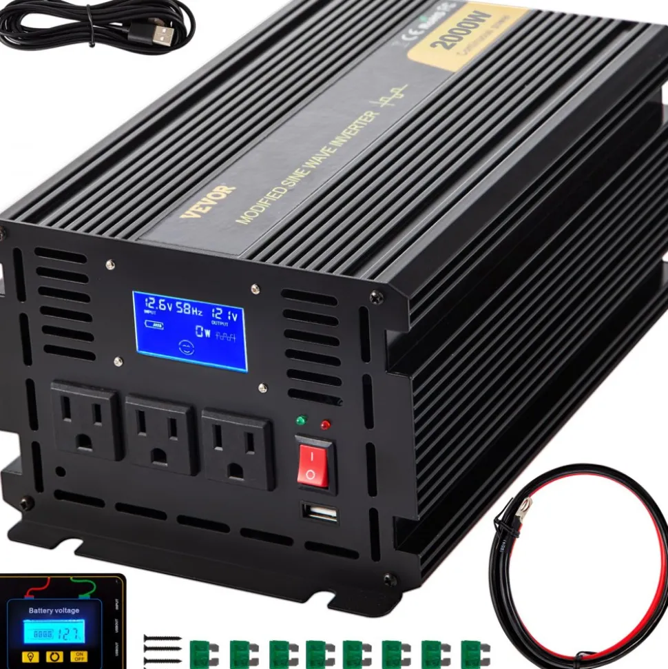 VEVOR Power Inverter, 2000W Modified Sine Wave Inverter, DC 12V to AC 120V Car Converter, with LCD Display, Remote Controller, LED Indicator, AC Outlets Inverter for Truck RV Car Boat Travel Camping