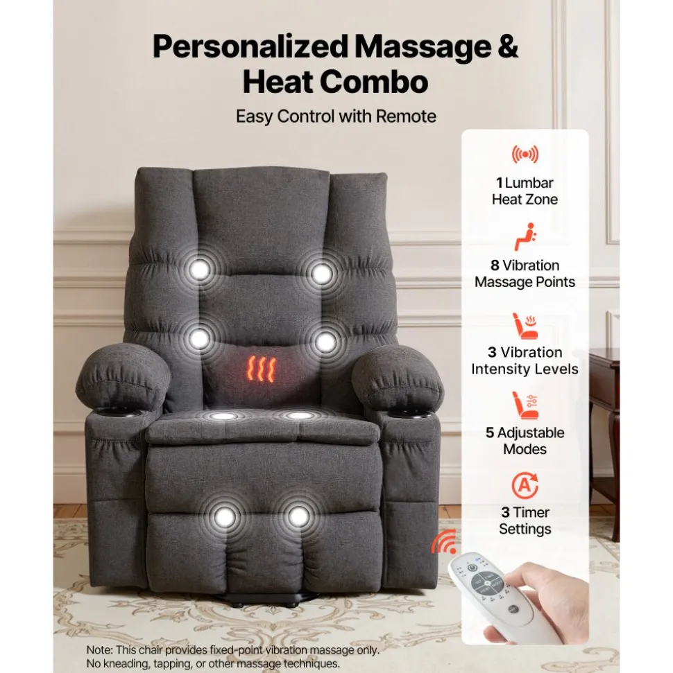 VEVOR Power Lift Recliner Chair, Large Electric Lift Chair with Heat and Massage for Elderly, Infinite Position Adjustment, Chenille Fabric, with Side Pockets, Cup Holders and USB Port, Dark Gray