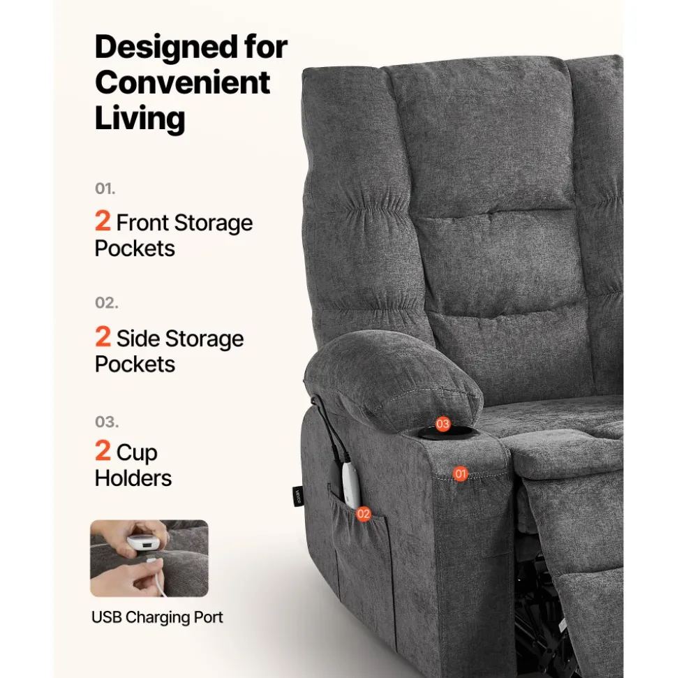 VEVOR Power Lift Recliner Chair, Large Electric Lift Chair with Heat and Massage for Elderly, Infinite Position Adjustment, Chenille Fabric, with Side Pockets, Cup Holders and USB Port, Dark Gray