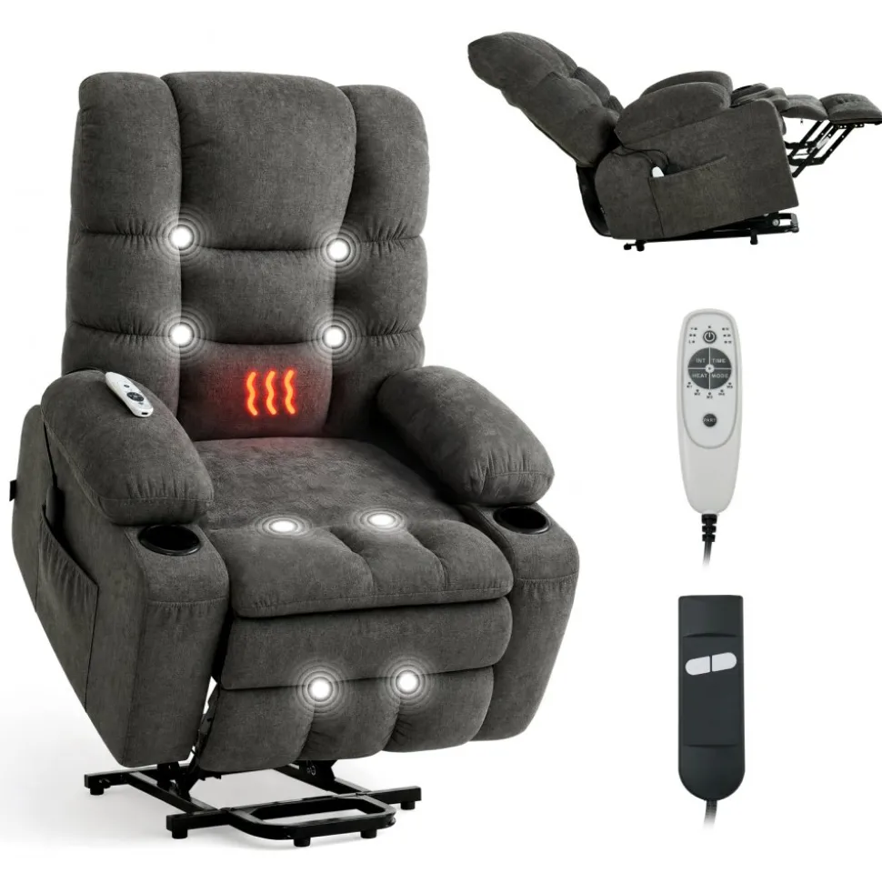 VEVOR Power Lift Recliner Chair, Large Electric Lift Chair with Heat and Massage for Elderly, Infinite Position Adjustment, Chenille Fabric, with Side Pockets, Cup Holders and USB Port, Dark Gray