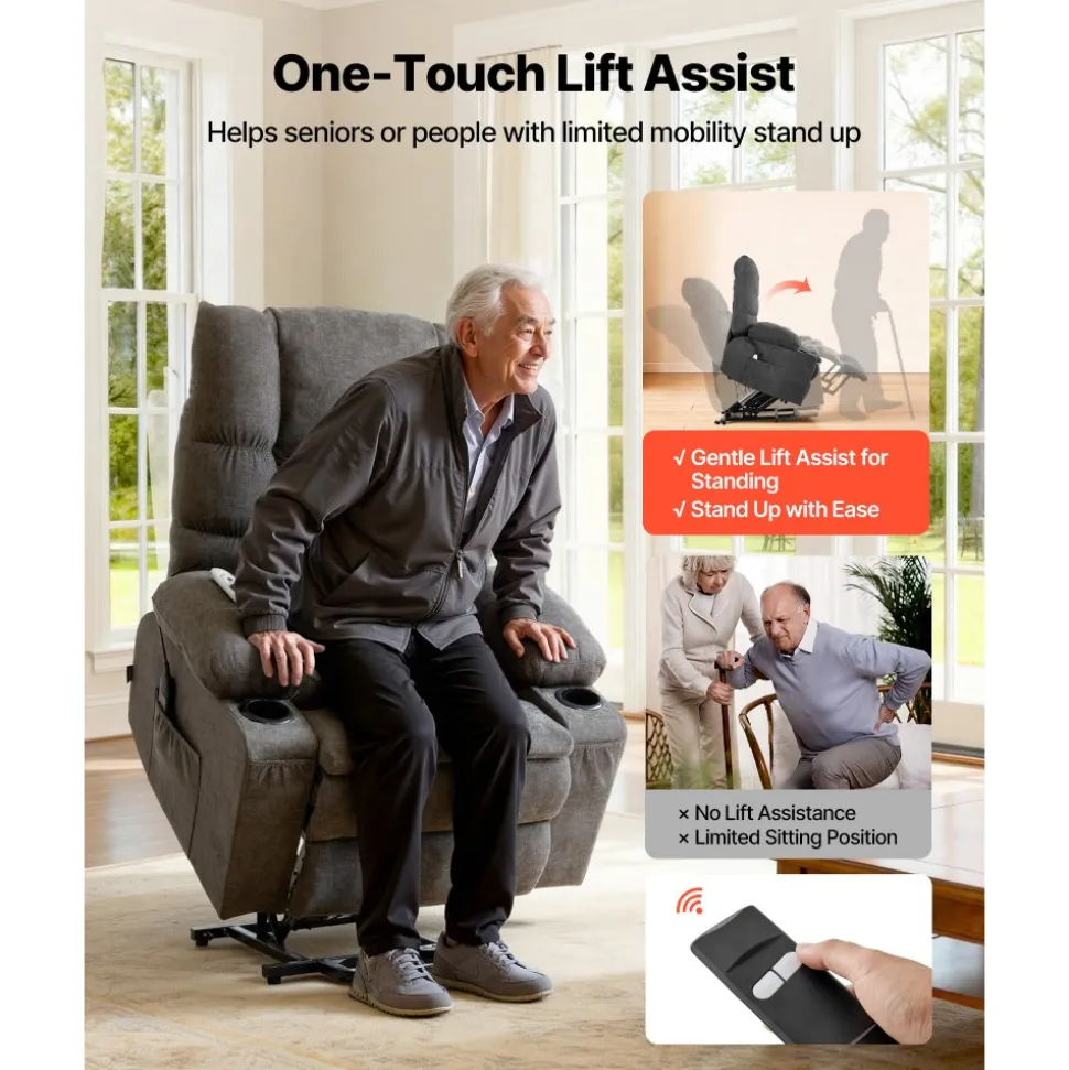 VEVOR Power Lift Recliner Chair, Large Electric Lift Chair with Heat and Massage for Elderly, Infinite Position Adjustment, Chenille Fabric, with Side Pockets, Cup Holders and USB Port, Dark Gray