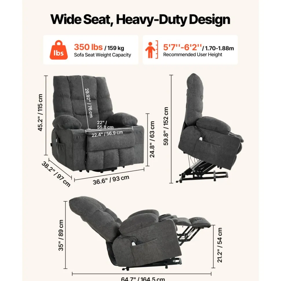 VEVOR Power Lift Recliner Chair, Large Electric Lift Chair with Heat and Massage for Elderly, Infinite Position Adjustment, Chenille Fabric, with Side Pockets, Cup Holders and USB Port, Dark Gray
