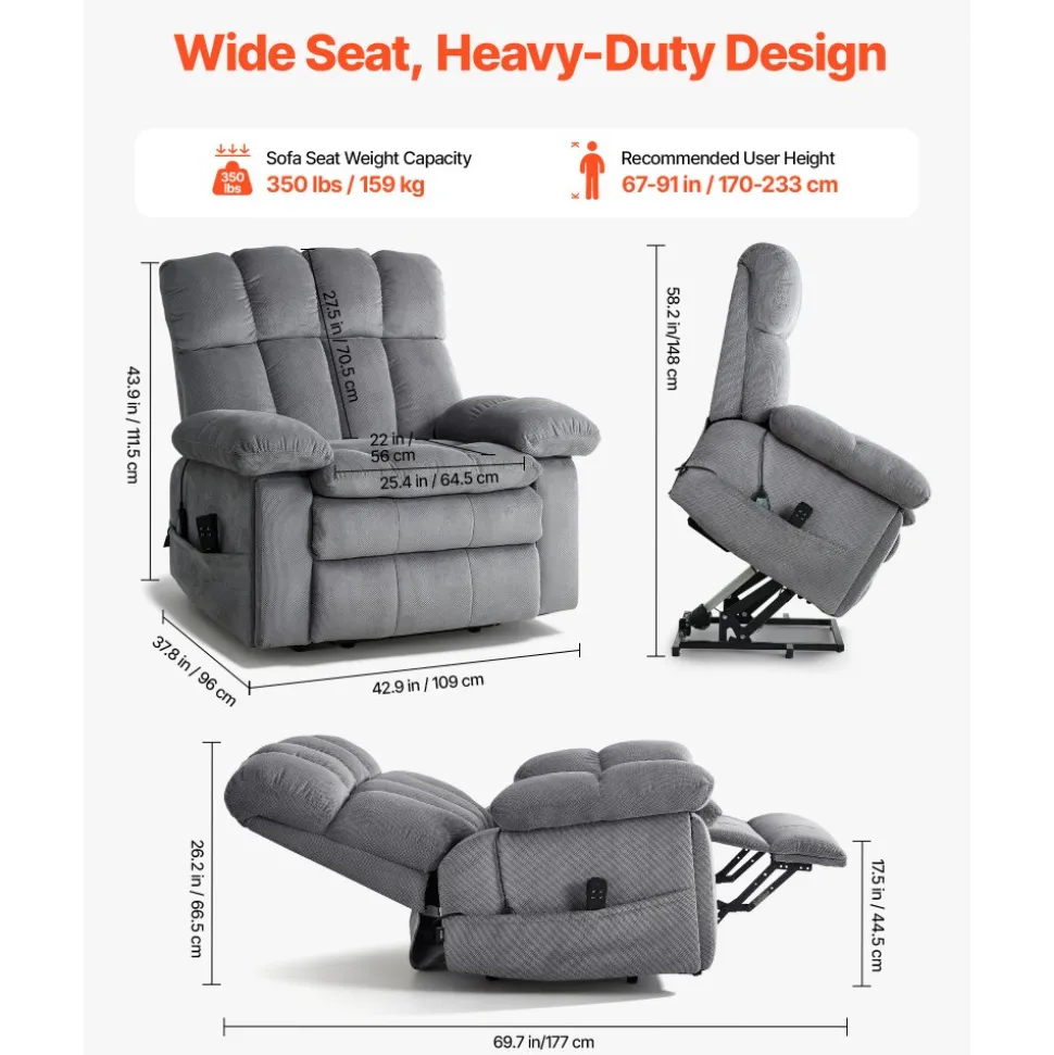 VEVOR Power Lift Recliner Chair, Lift Chair with Heat and Massage for Elderly, Dual Motor Recliner Chair with 2 Cup holders and USB Port, Infinite Position Adjustment Electric Recliner (Large, Brown)