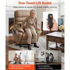 VEVOR Power Lift Recliner Chair, Dual Motor, Medium Wide Electric Lift Chair with Heat and Massage for Elderly, Infinite Position Adjustment, Leather Surface, with Storage Pocket, Cup Holder, Brown