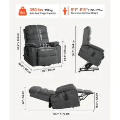VEVOR Power Lift Recliner Chair, Dual Motor Medium Lift Chair with Heat and Massage for Elderly, Position Adjustable, Remote Control, with Side Pockets, Chenille Fabric, Dark Gray