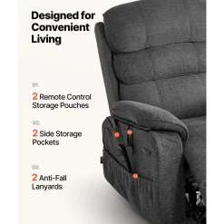 VEVOR Power Lift Recliner Chair, Dual Motor Medium Lift Chair with Heat and Massage for Elderly, Position Adjustable, Remote Control, with Side Pockets, Chenille Fabric, Dark Gray