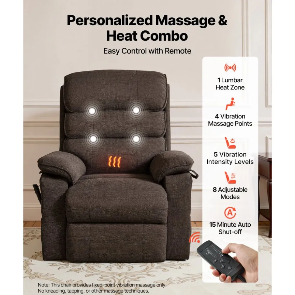 VEVOR Power Lift Recliner Chair, Dual Motor, Large Electric Lift Chair with Heat and Massage for Elderly, Infinite Position Adjustment, Velvet Fabric, with Side and Front Pockets, Cup Holders, Brown