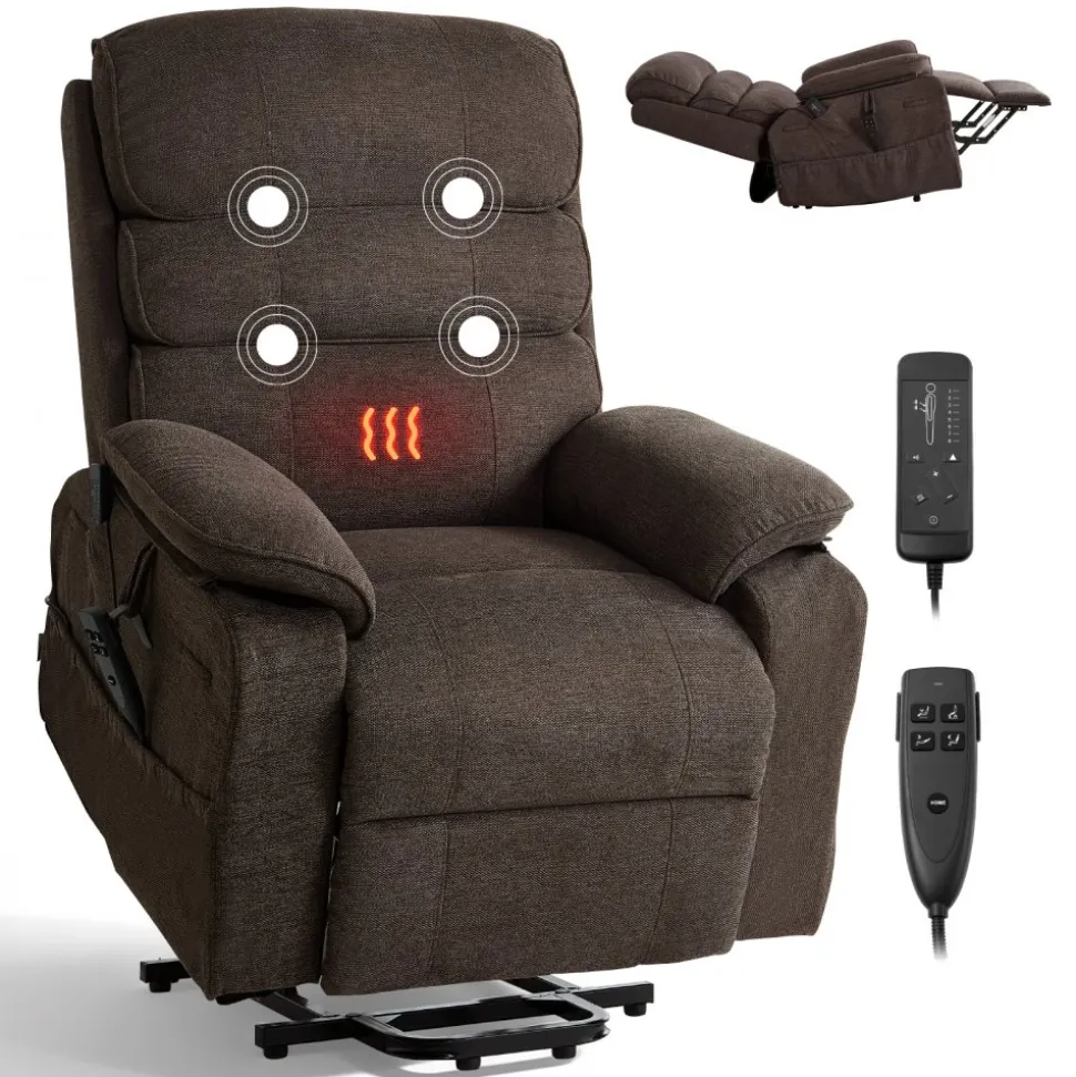 VEVOR Power Lift Recliner Chair, Dual Motor, Large Electric Lift Chair with Heat and Massage for Elderly, Infinite Position Adjustment, Velvet Fabric, with Side and Front Pockets, Cup Holders, Brown