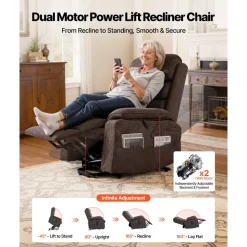 VEVOR Power Lift Recliner Chair, Dual Motor, Large Electric Lift Chair with Heat and Massage for Elderly, Infinite Position Adjustment, Velvet Fabric, with Side and Front Pockets, Cup Holders, Brown