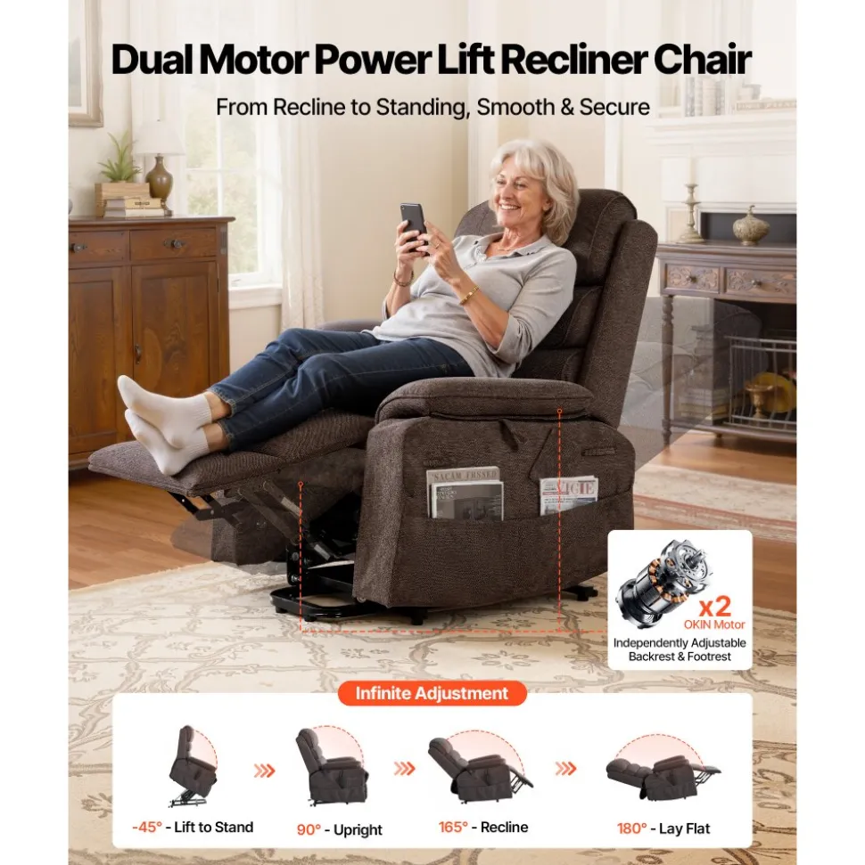 VEVOR Power Lift Recliner Chair, Dual Motor, Large Electric Lift Chair with Heat and Massage for Elderly, Infinite Position Adjustment, Velvet Fabric, with Side and Front Pockets, Cup Holders, Brown